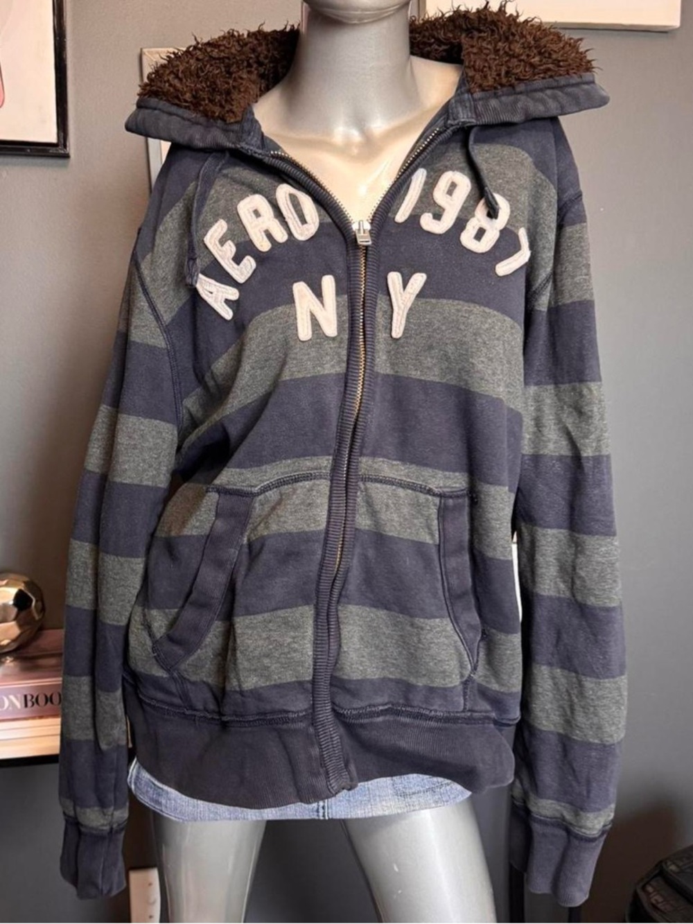 Aeropostale Vintage Y2K Striped faux fur lined zip up hoodie Jacket